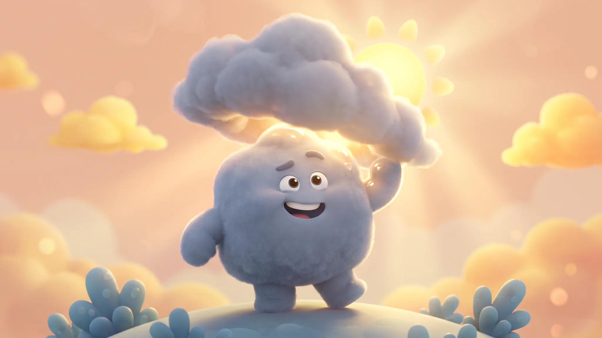 A friendly cartoon character with a grey cloud lifting off their head, revealing bright sunshine behind.