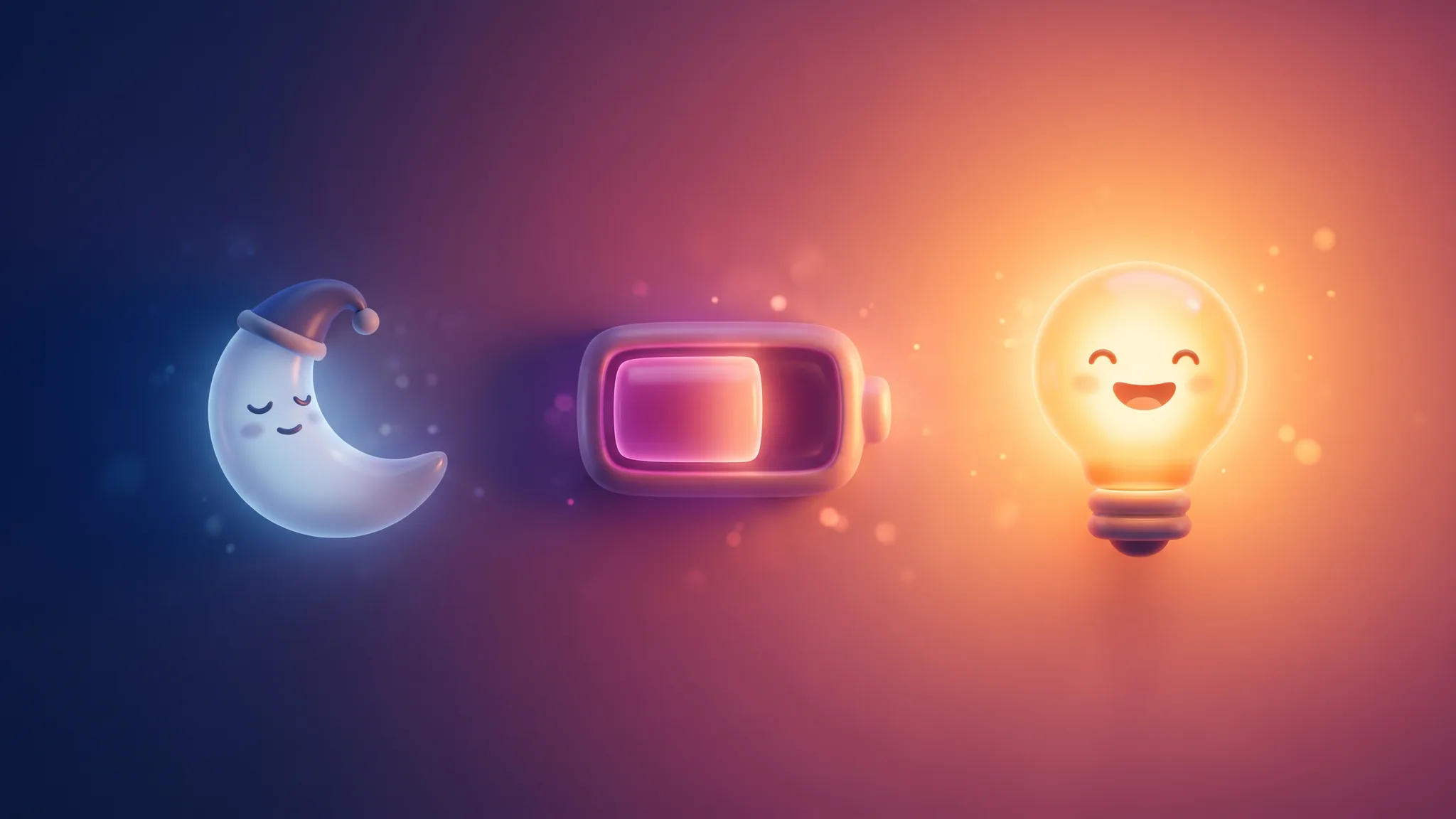 A cartoon moon, battery and lightbulb in a row, each glowing brighter, from indigo night to sunrise orange.