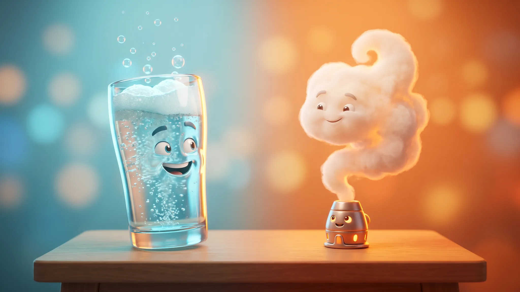 A cartoon glass of fizzing water on an aqua side facing a puff of vapour on a tangerine side, as a comparison.