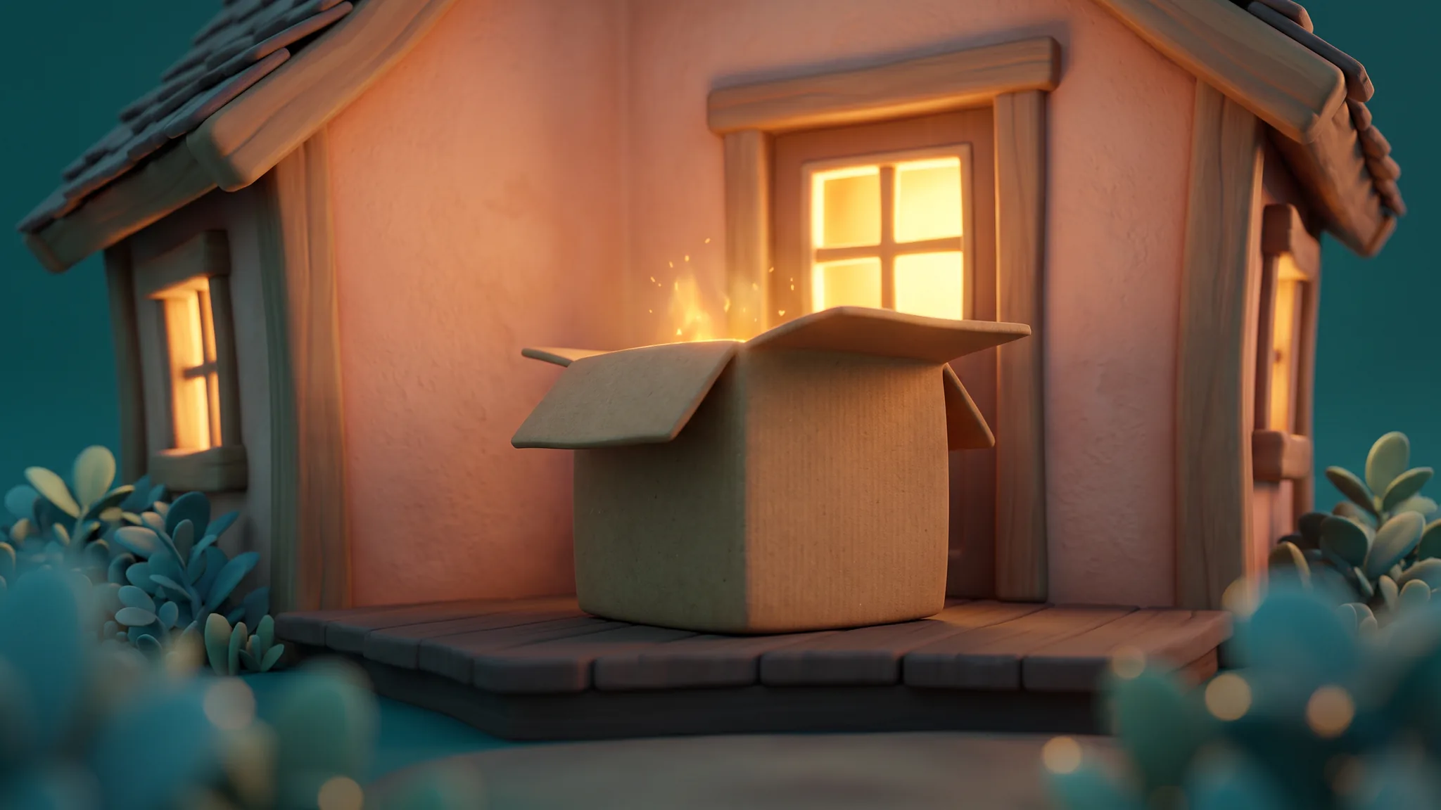 A cartoon delivery box glowing warmly on the doorstep of a cosy house at dusk, with a lit golden window above.
