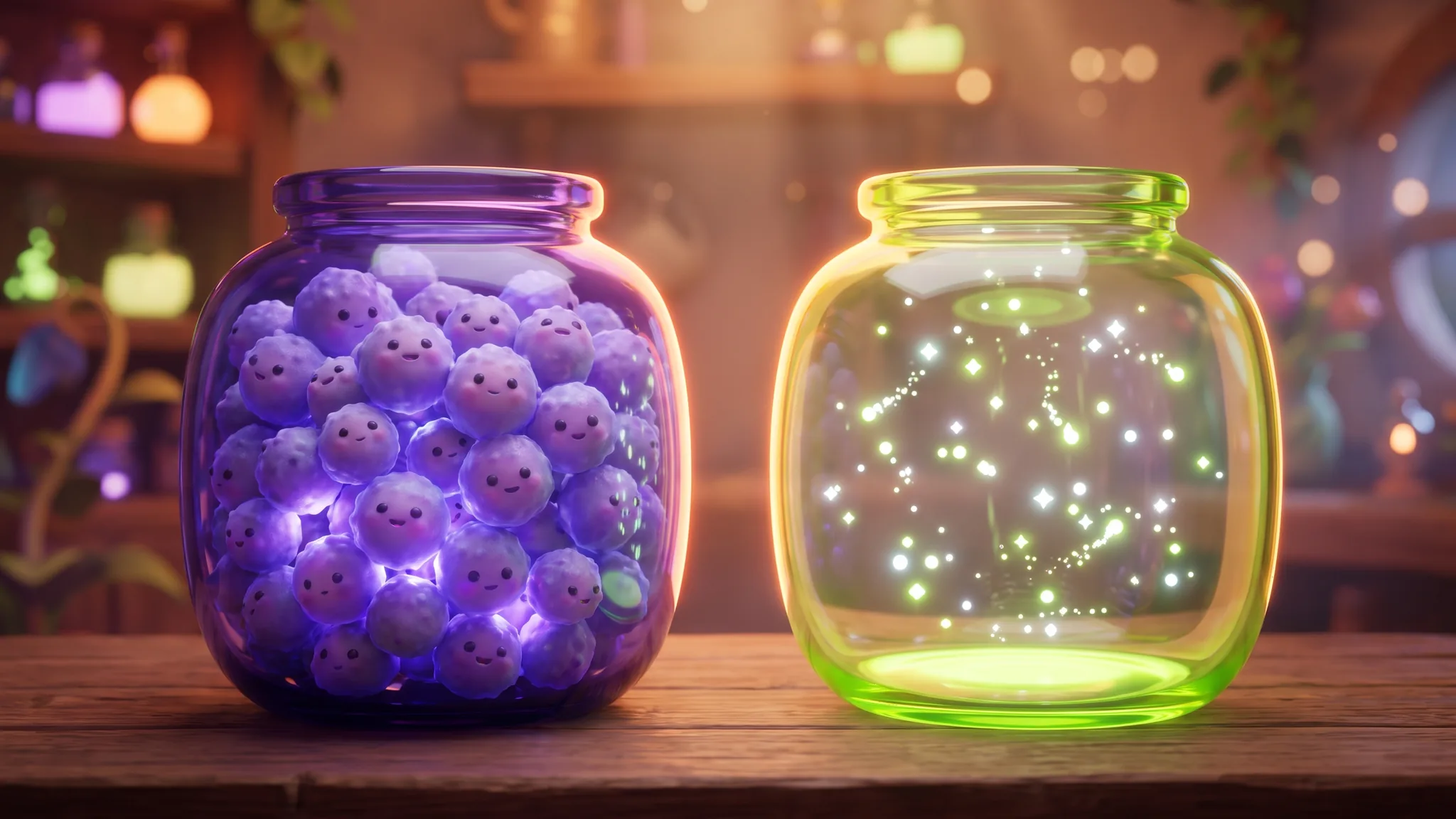 Two cartoon jars compared: one crowded with round cells in violet, one holding only bright lime sparkles.