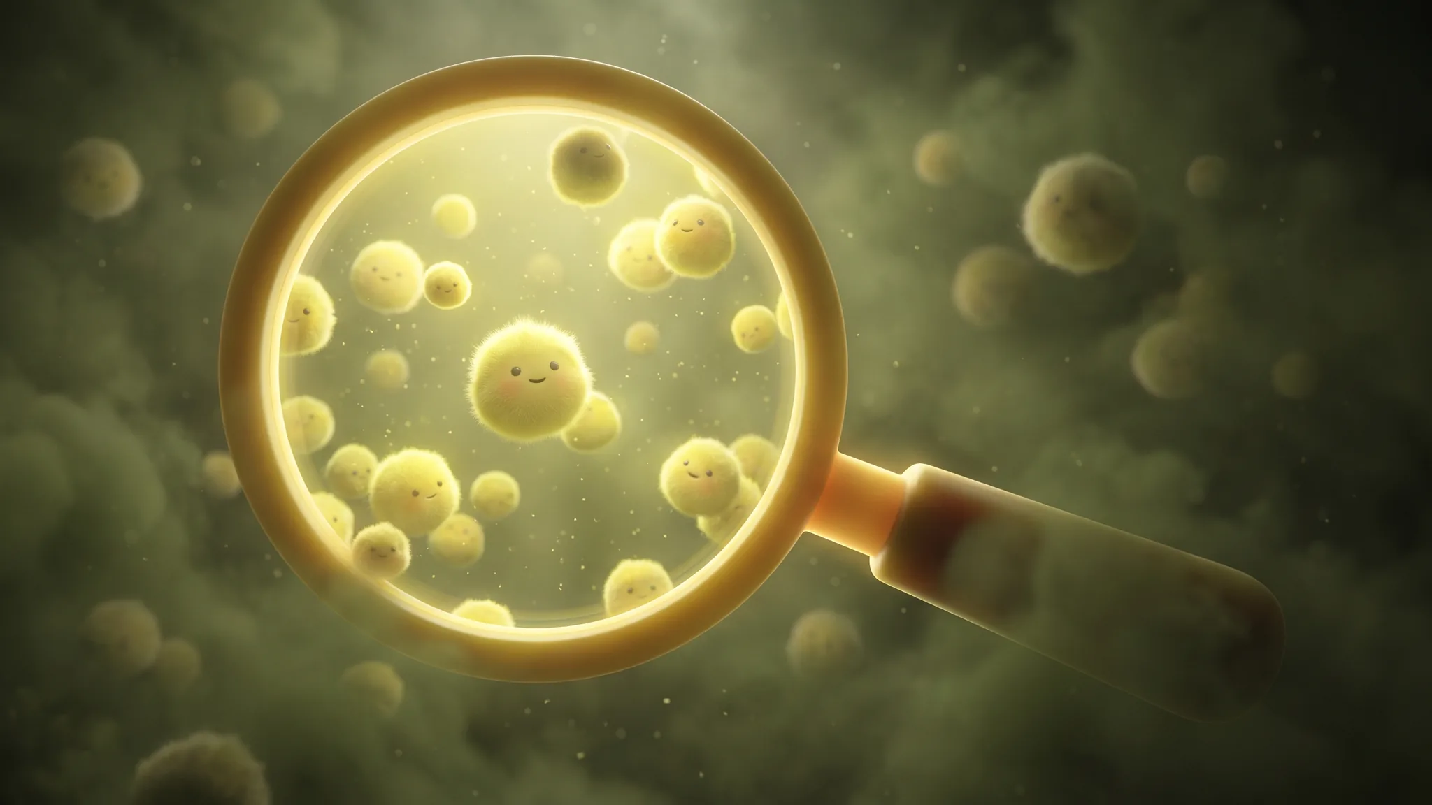 Fuzzy cartoon spores drifting in green haze, with a magnifying glass making everything inside it bright and clear.