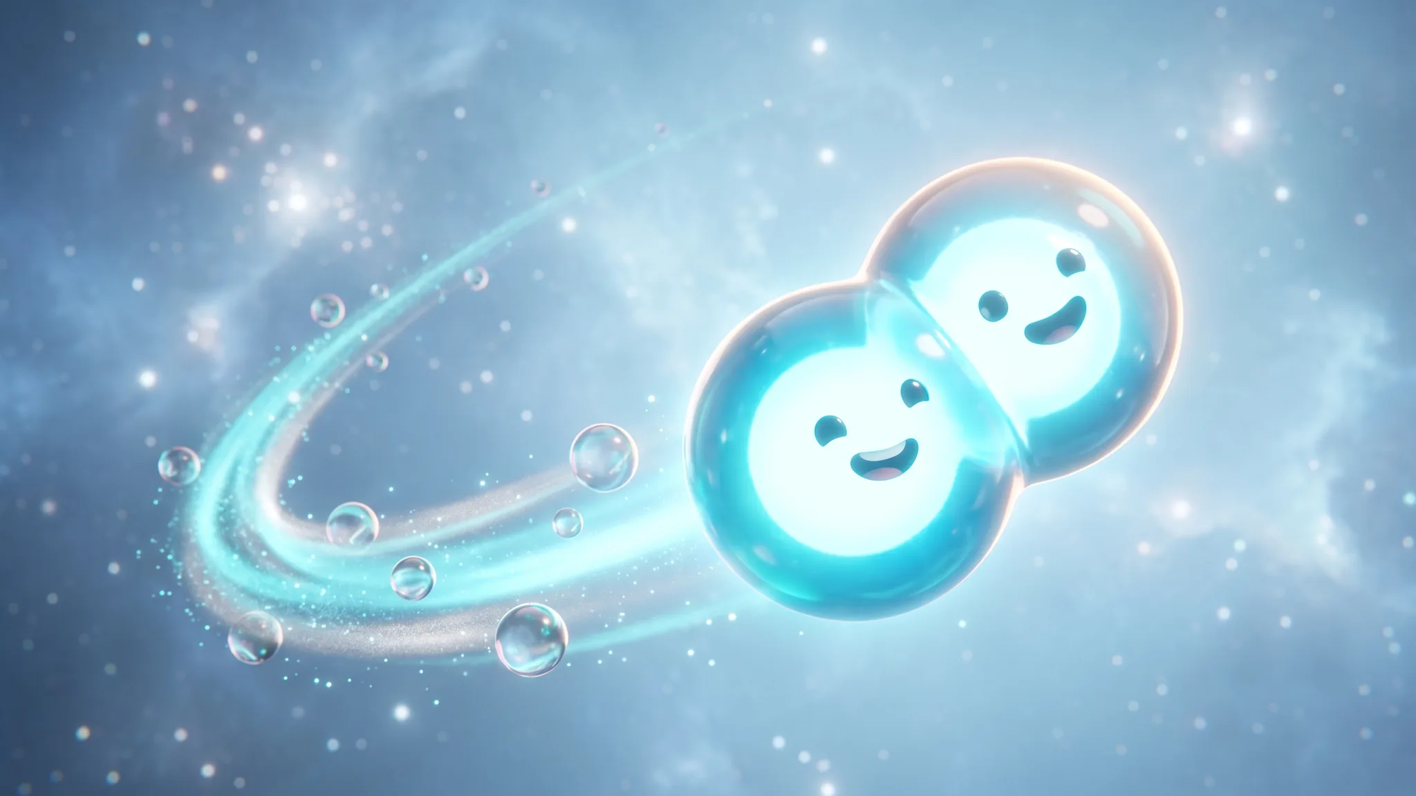 A cartoon hydrogen molecule of two glowing joined spheres zooming through pale blue space, leaving a bubbly trail.