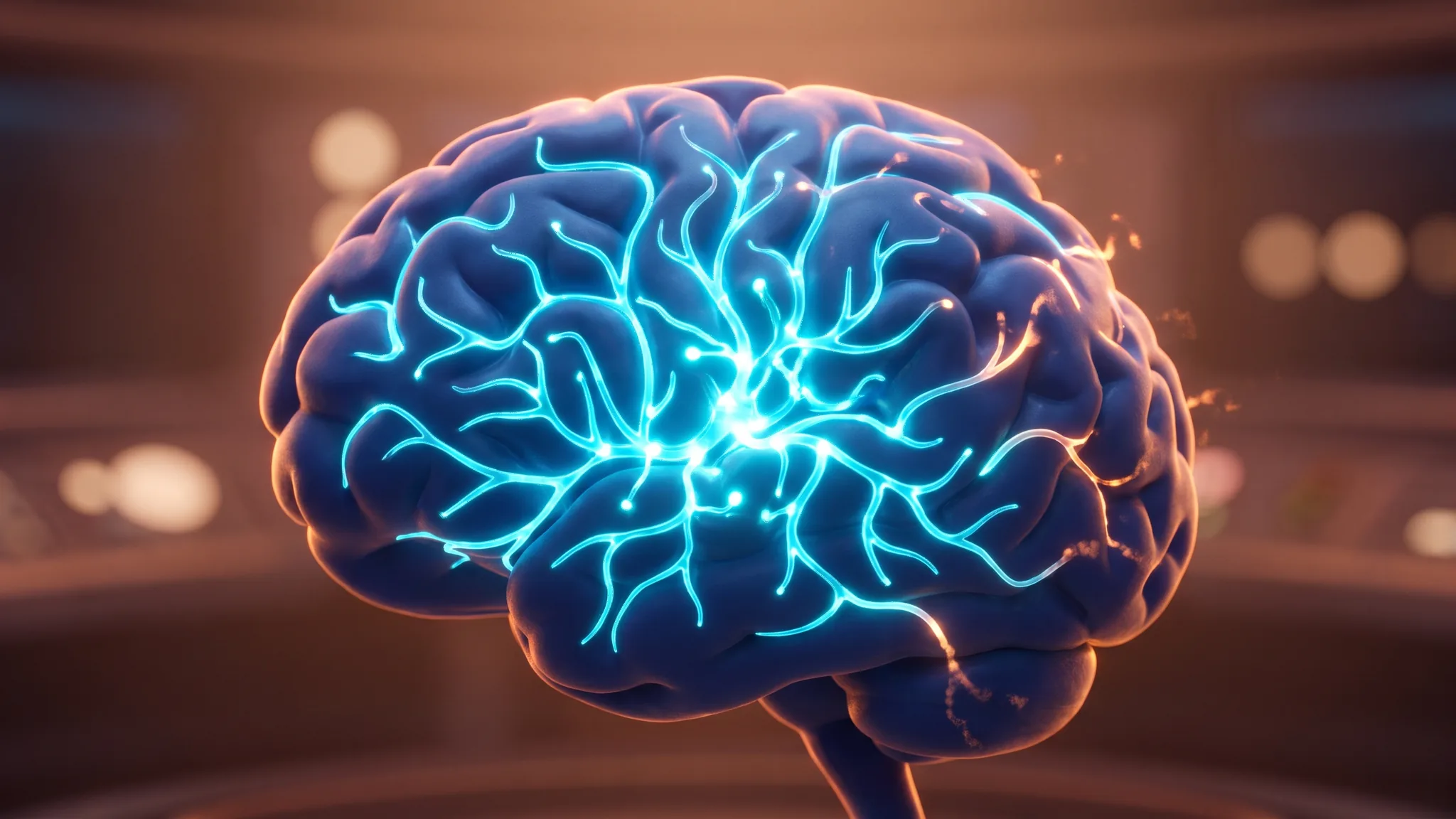 A cartoon brain lit with a network of cyan neuron pathways, some strands at the edges flickering orange and fading.