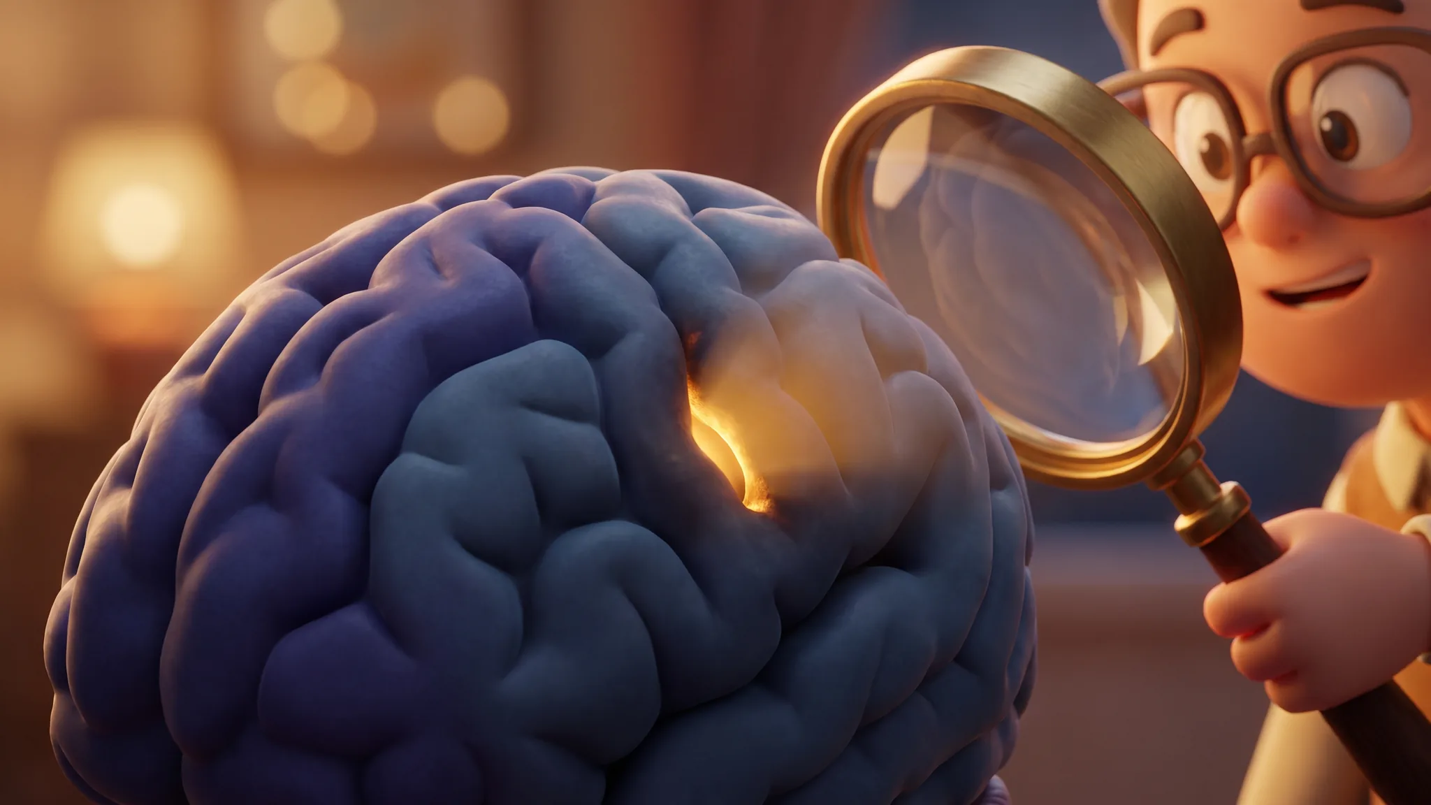 A dim indigo cartoon brain with one small amber-gold region glowing, studied through a hovering magnifying lens.