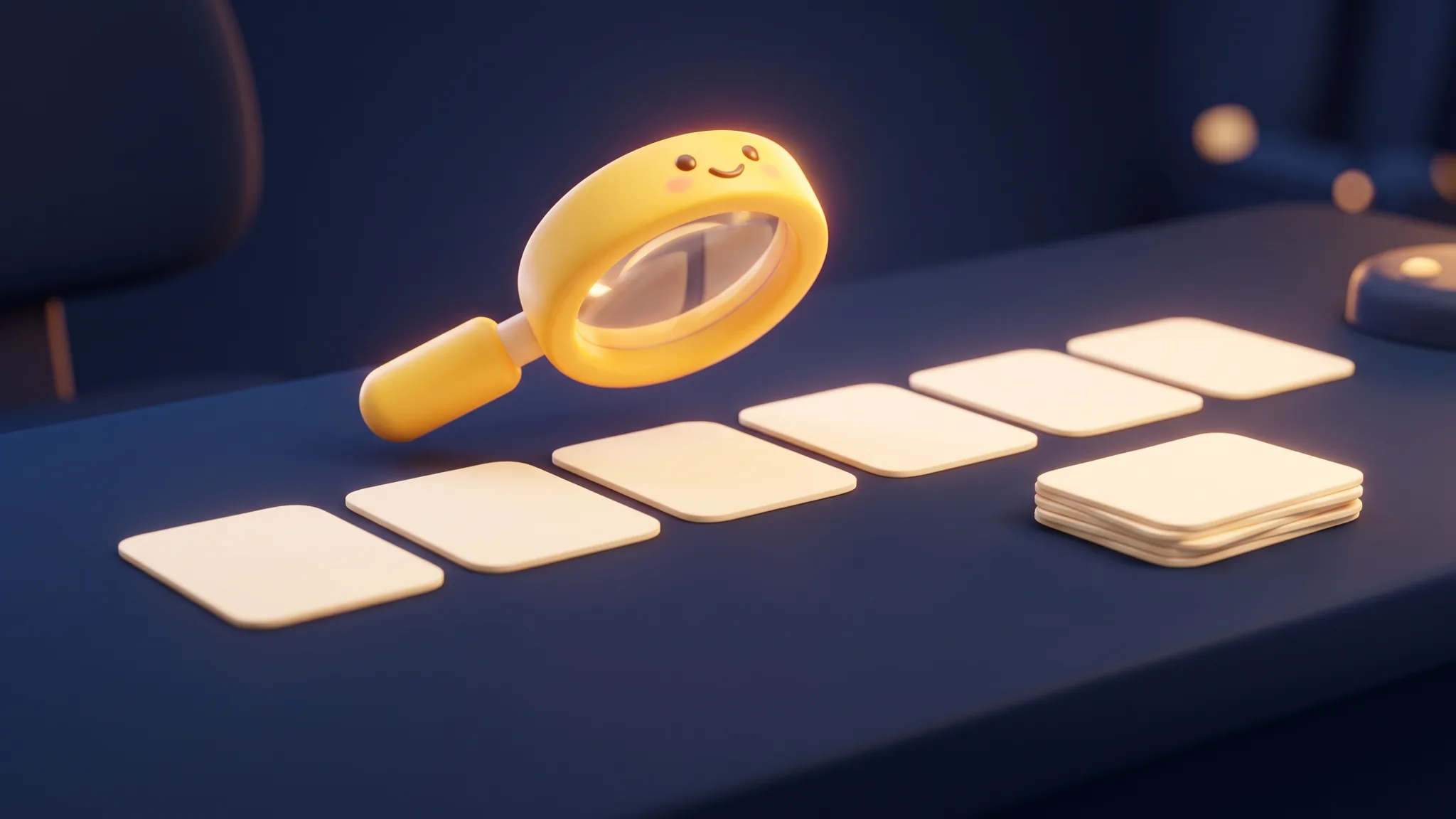 A large cartoon magnifying glass inspecting a row of blank rounded cards on a navy desk, in canary yellow.