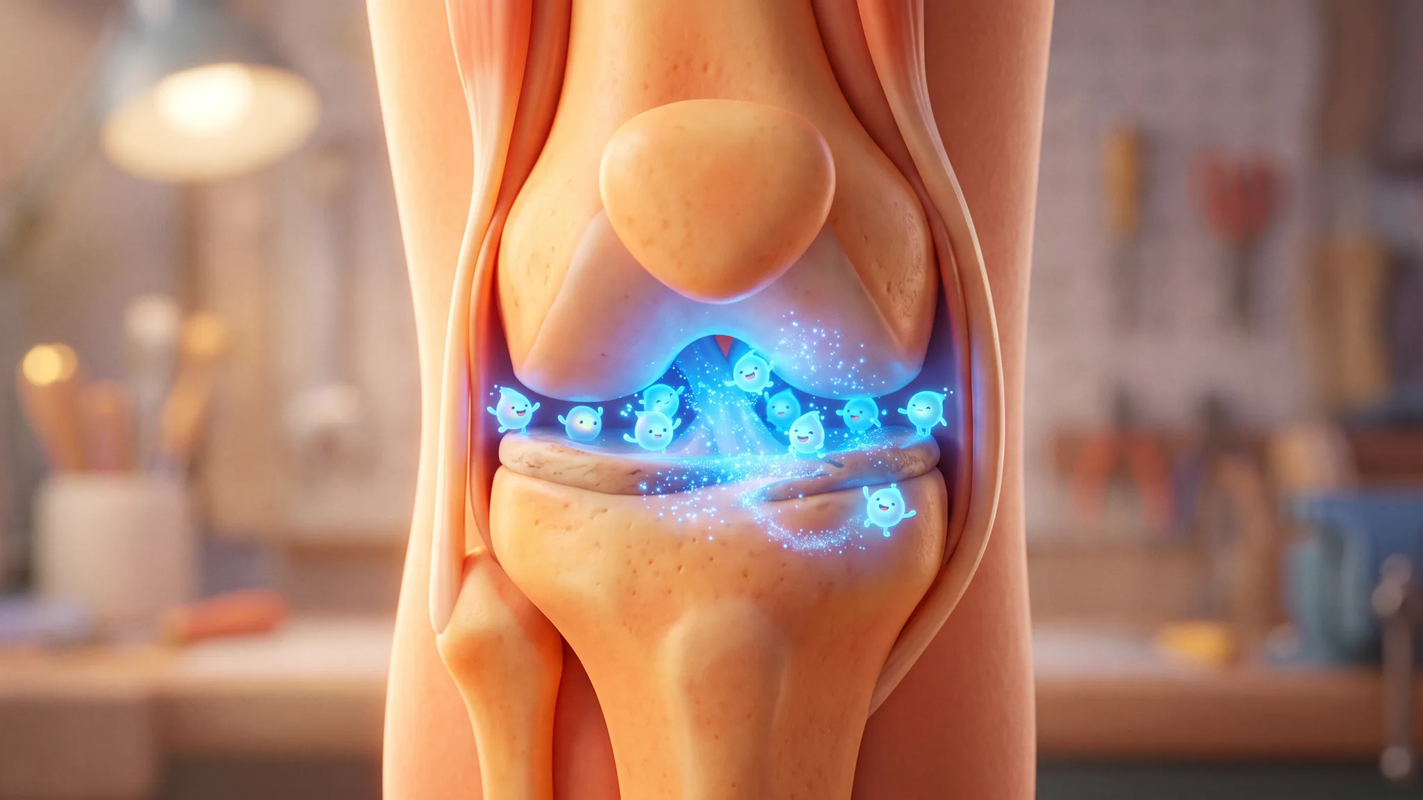 A cartoon cutaway knee joint with electric blue repair sparkles gathering at the cushion between the bones.
