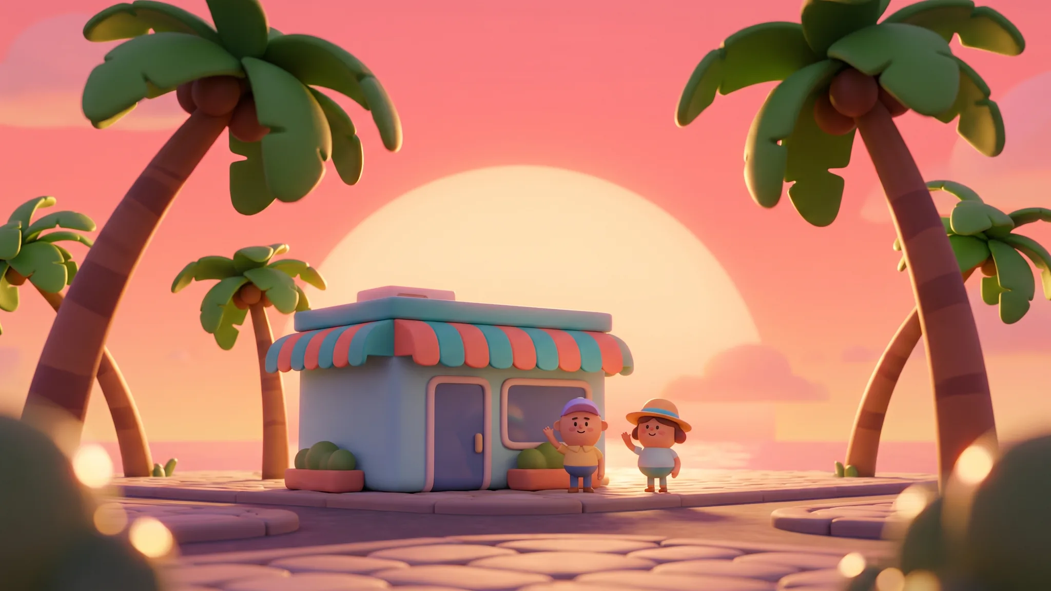 A sunny cartoon Florida street with curving palms and a cheerful little clinic under a pink sunset sky.