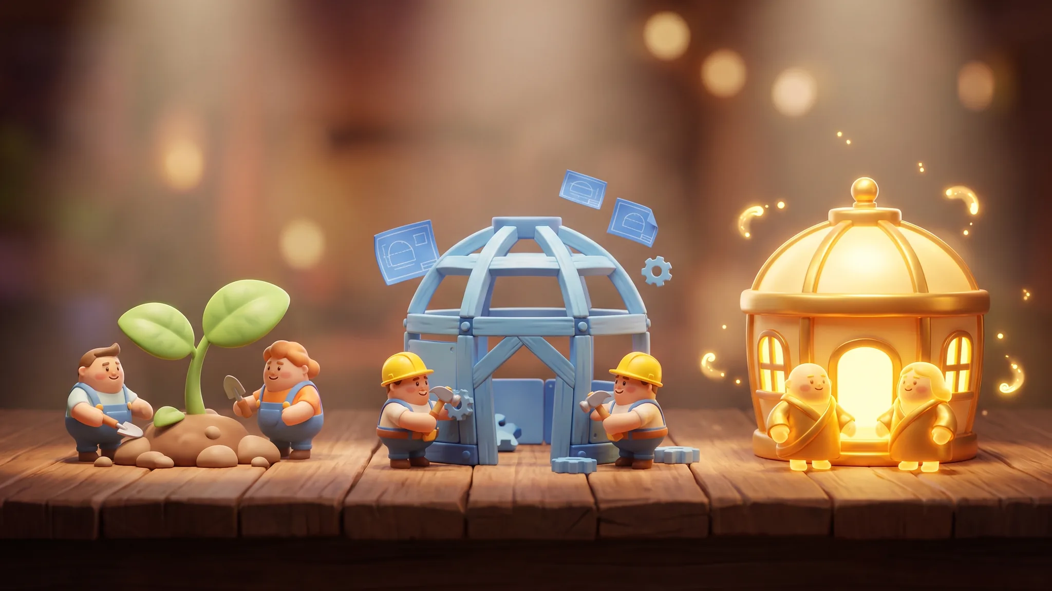 Three cartoon stages left to right — a green sprout, a blue half-built frame, and a finished glowing gold structure.