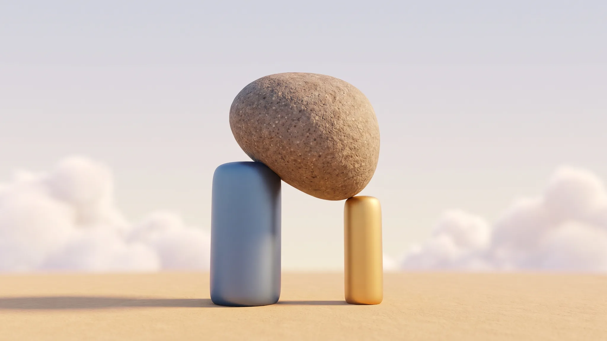A large blue pillar and a smaller gold pillar together holding up a heavy rounded weight.