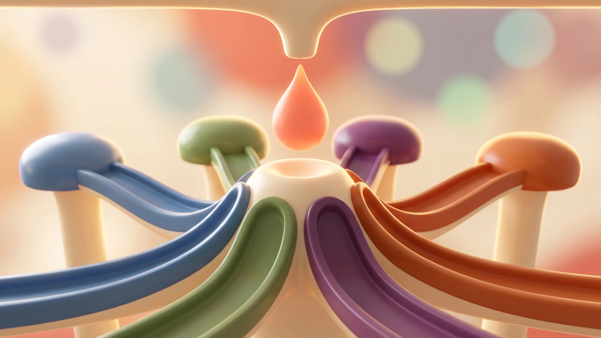 A glowing cartoon droplet falling into a junction where curving tracks fan out in several different colours.