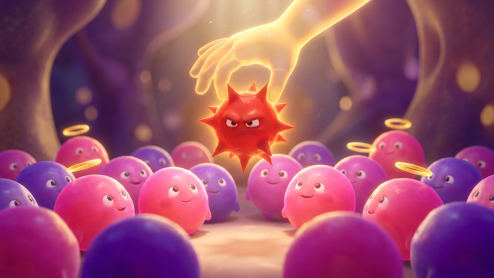 Calm round cartoon molecules with one spiky red troublemaker being plucked out by a glowing helper.