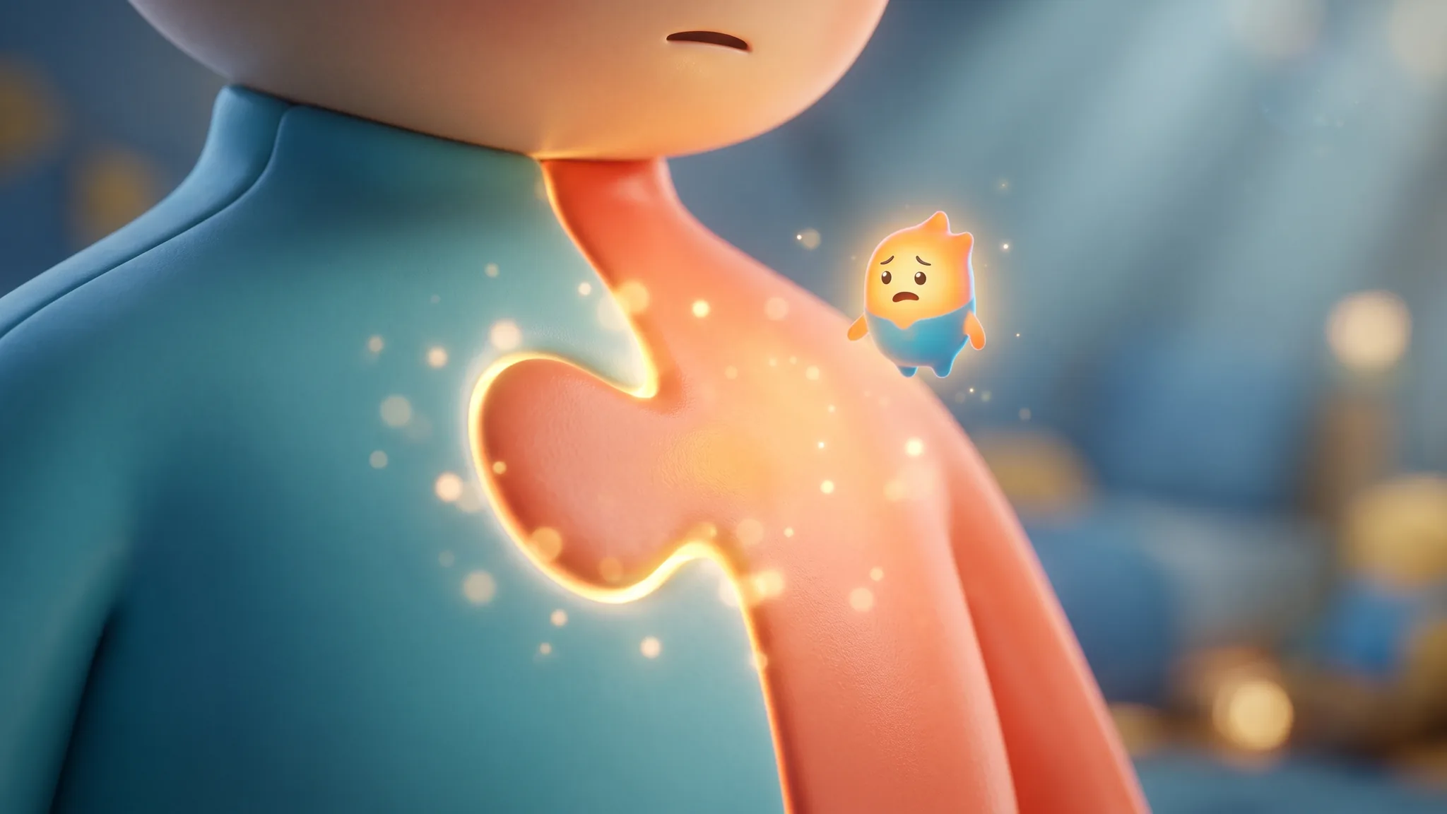 A cartoon figure's shoulder and neck meeting along a glowing gold puzzle-piece seam, with a small worried sprite hovering nearby.