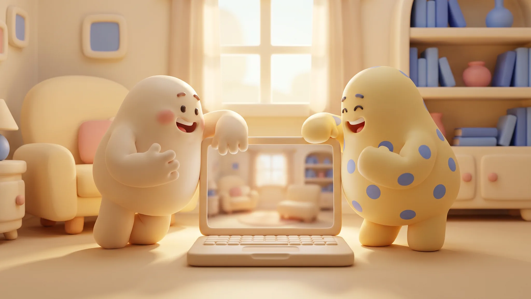 Two friendly cartoon characters chatting comfortably through an open laptop, in cream and cornflower blue.